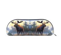 DNBCLEZK Animal Northern Deer Semicircular Pencil Case, Full-Pattern Printed Pen Pouch, Premium PVC Cross-Grain Leather with Polyester Lining