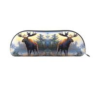 DNBCLEZK Animal Northern Deer Semicircular Pencil Case, Full-Pattern Printed Pen Pouch, Premium PVC Cross-Grain Leather with Polyester Lining