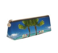 DNBCLEZK Beach Palm Tree Chairs Boats Cute Leather Triangular Pencil Case,Premium Smooth Zipper Durable Metal Puller,Full-Print Designer Stationery Organizer for School Office