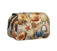DNBCLEZK Beach Shells Flip Top Double Layer Pencil Case,Full Print Oxford-Cloth Stationery Pouch with Zipper and Sticky Flap,Large Capacity Pencil Bag