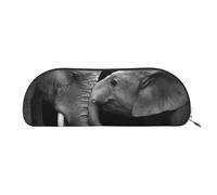 DNBCLEZK Black and White Two Elephants Semicircular Pencil Case, Full-Pattern Printed Pen Pouch, Premium PVC Cross-Grain Leather with Polyester Lining