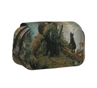 DNBCLEZK Black Bears Flip Top Double Layer Pencil Case,Full Print Oxford-Cloth Stationery Pouch with Zipper and Sticky Flap,Large Capacity Pencil Bag