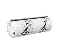 DNBCLEZK Black Music Notes Cylinder Leather Pencil Case, Multifunctional Full Print Cross Grain PVC Pen Pouch,Lightweight Portable Stationery Bag