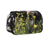 DNBCLEZK Black White Cows Flip Top Double Layer Pencil Case,Full Print Oxford-Cloth Stationery Pouch with Zipper and Sticky Flap,Large Capacity Pencil Bag