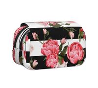 DNBCLEZK Black White Striped Flowers Flip Top Double Layer Pencil Case,Full Print Oxford-Cloth Stationery Pouch with Zipper and Sticky Flap,Large Capacity Pencil Bag