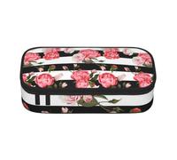 DNBCLEZK Black White Striped Flowers Large Capacity Pencil Case with Compartments,Oxford-Fabric Pen Pouch with Multi-Pocket Zipper, Aesthetic Printed Stationery Bag