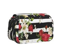 DNBCLEZK Black White Stripes Red Rose Flowers Flip Top Double Layer Pencil Case,Full Print Oxford-Cloth Stationery Pouch with Zipper and Sticky Flap,Large Capacity Pencil Bag