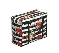 DNBCLEZK Black White Stripes Red Rose Flowers Large Tote Shopping Bag With Artistic Print,Water-Resistant Oxford-Fabric,Heavy Duty Carry Handles (28cm)