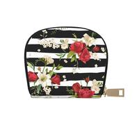 DNBCLEZK Black White Stripes Red Rose Flowers Pu Leather Semicircle Card Holder Wallet, Compact Zipper Card Case with 12 Card Slots 2 Main Compartments,Water-Resistant Small Purse