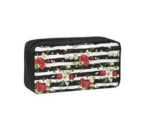 DNBCLEZK Black White Stripes Red Rose Flowers Simple Large-Capacity Pencil Case with Full Print,600d Oxford-Fabric,Durable Sturdy,Smooth Zipper, Pen Holder for School Office Travel