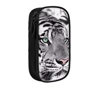 DNBCLEZK Black White Tiger Double Layer Large Capacity Pencil Case,Print Polyester Oxford-Cloth Stationery Pouch with Multi Slots, Multi-Compartment Storage Bag