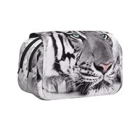 DNBCLEZK Black White Tiger Flip Top Double Layer Pencil Case,Full Print Oxford-Cloth Stationery Pouch with Zipper and Sticky Flap,Large Capacity Pencil Bag