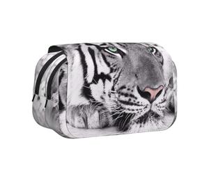 DNBCLEZK Black White Tiger Flip Top Double Layer Pencil Case,Full Print Oxford-Cloth Stationery Pouch with Zipper and Sticky Flap,Large Capacity Pencil Bag
