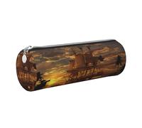 DNBCLEZK Boat at Dusk Cute Round Leather Pencil Case,Premium Smooth Zipper Durable Metal Puller,Full-Print Designer Stationery Organizer for School Office