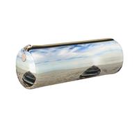 DNBCLEZK Boat On The Beach Cylinder Leather Pencil Case, Multifunctional Full Print Cross Grain PVC Pen Pouch,Lightweight Portable Stationery Bag