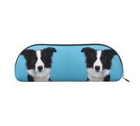 DNBCLEZK Border Collie Semicircular Pencil Case, Full-Pattern Printed Pen Pouch, Premium PVC Cross-Grain Leather with Polyester Lining