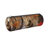 DNBCLEZK Brown Bear Cylinder Leather Pencil Case, Multifunctional Full Print Cross Grain PVC Pen Pouch,Lightweight Portable Stationery Bag