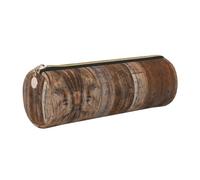 DNBCLEZK Brown Wooden Cylinder Leather Pencil Case, Multifunctional Full Print Cross Grain PVC Pen Pouch,Lightweight Portable Stationery Bag