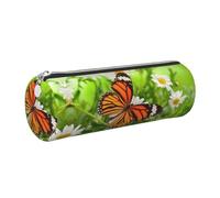 DNBCLEZK Butterfly On Flower Cylinder Leather Pencil Case, Multifunctional Full Print Cross Grain PVC Pen Pouch,Lightweight Portable Stationery Bag