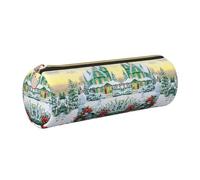 DNBCLEZK Christmas Mailbox and Gifts Cute Round Leather Pencil Case,Premium Smooth Zipper Durable Metal Puller,Full-Print Designer Stationery Organizer for School Office