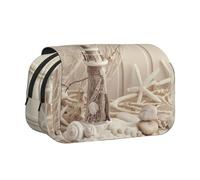 DNBCLEZK Coastal Fishing Net Shell Flip Top Double Layer Pencil Case,Full Print Oxford-Cloth Stationery Pouch with Zipper and Sticky Flap,Large Capacity Pencil Bag
