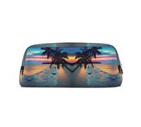DNBCLEZK Coconut Beach Sunset Hammock Customizable Leather Zipper Pencil Case, Full-Print Design School and Office Stationery Holder (Personalized Pattern)