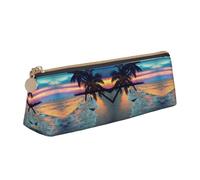 DNBCLEZK Coconut Beach Sunset Hammock Cute Leather Triangular Pencil Case,Premium Smooth Zipper Durable Metal Puller,Full-Print Designer Stationery Organizer for School Office