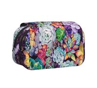 DNBCLEZK Colorful Succulent Flip Top Double Layer Pencil Case,Full Print Oxford-Cloth Stationery Pouch with Zipper and Sticky Flap,Large Capacity Pencil Bag
