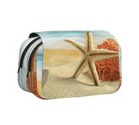 DNBCLEZK Coral On Beach Flip Top Double Layer Pencil Case,Full Print Oxford-Cloth Stationery Pouch with Zipper and Sticky Flap,Large Capacity Pencil Bag