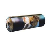 DNBCLEZK Cute Bulldog Cylinder Leather Pencil Case, Multifunctional Full Print Cross Grain PVC Pen Pouch,Lightweight Portable Stationery Bag