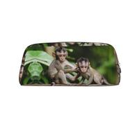 DNBCLEZK Cute Little Monkeys Customizable Leather Zipper Pencil Case, Full-Print Design School and Office Stationery Holder (Personalized Pattern)