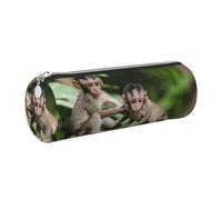 DNBCLEZK Cute Little Monkeys Cylinder Leather Pencil Case, Multifunctional Full Print Cross Grain PVC Pen Pouch,Lightweight Portable Stationery Bag