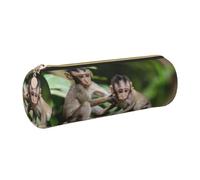 DNBCLEZK Cute Little Monkeys Cylinder Leather Pencil Case, Multifunctional Full Print Cross Grain PVC Pen Pouch,Lightweight Portable Stationery Bag