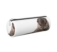 DNBCLEZK Cute Otter Cylinder Leather Pencil Case, Multifunctional Full Print Cross Grain PVC Pen Pouch,Lightweight Portable Stationery Bag