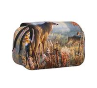 DNBCLEZK Deer Art Flip Top Double Layer Pencil Case,Full Print Oxford-Cloth Stationery Pouch with Zipper and Sticky Flap,Large Capacity Pencil Bag