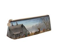 DNBCLEZK Deer Hunting Cute Leather Triangular Pencil Case,Premium Smooth Zipper Durable Metal Puller,Full-Print Designer Stationery Organizer for School Office