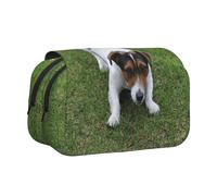 DNBCLEZK Dogs Playing On The Lawn Flip Top Double Layer Pencil Case,Full Print Oxford-Cloth Stationery Pouch with Zipper and Sticky Flap,Large Capacity Pencil Bag