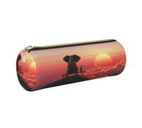 DNBCLEZK Elephant and Dog Watch The Sunset Cylinder Leather Pencil Case, Multifunctional Full Print Cross Grain PVC Pen Pouch,Lightweight Portable Stationery Bag