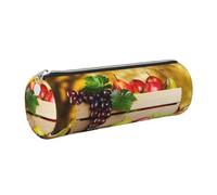 DNBCLEZK Fall Red Leaves and Fruits Cute Round Leather Pencil Case,Premium Smooth Zipper Durable Metal Puller,Full-Print Designer Stationery Organizer for School Office