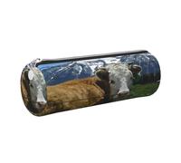 DNBCLEZK Farm Animal Cow Cute Round Leather Pencil Case,Premium Smooth Zipper Durable Metal Puller,Full-Print Designer Stationery Organizer for School Office