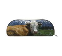 DNBCLEZK Farm Animal Cow Semicircular Pencil Case, Full-Pattern Printed Pen Pouch, Premium PVC Cross-Grain Leather with Polyester Lining