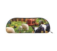 DNBCLEZK Farm Animals Semicircular Pencil Case, Full-Pattern Printed Pen Pouch, Premium PVC Cross-Grain Leather with Polyester Lining