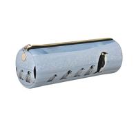 DNBCLEZK Five Penguins Cute Round Leather Pencil Case,Premium Smooth Zipper Durable Metal Puller,Full-Print Designer Stationery Organizer for School Office