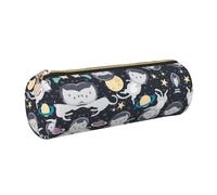 DNBCLEZK Fun Cat Astronaut Cute Round Leather Pencil Case,Premium Smooth Zipper Durable Metal Puller,Full-Print Designer Stationery Organizer for School Office
