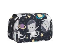 DNBCLEZK Fun Cat Astronaut Flip Top Double Layer Pencil Case,Full Print Oxford-Cloth Stationery Pouch with Zipper and Sticky Flap,Large Capacity Pencil Bag