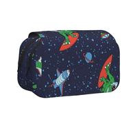 DNBCLEZK Funny Astronaut Dinosaur Rocket Flip Top Double Layer Pencil Case,Full Print Oxford-Cloth Stationery Pouch with Zipper and Sticky Flap,Large Capacity Pencil Bag