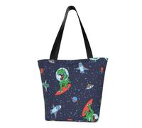 DNBCLEZK Funny Astronaut Dinosaur Rocket Women'S Printed Tote Bag, Large Capacity Shoulder Handbag, Polyester Fabric With Foam Padding,Inner Security Pocket