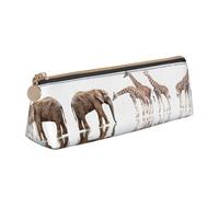DNBCLEZK Giraffe and Elephant Cute Leather Triangular Pencil Case,Premium Smooth Zipper Durable Metal Puller,Full-Print Designer Stationery Organizer for School Office