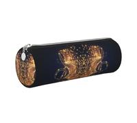 DNBCLEZK Gold Musical Note with Shiny Star Cylinder Leather Pencil Case, Multifunctional Full Print Cross Grain PVC Pen Pouch,Lightweight Portable Stationery Bag