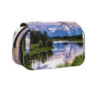 DNBCLEZK Grand Teton National Park Flip Top Double Layer Pencil Case,Full Print Oxford-Cloth Stationery Pouch with Zipper and Sticky Flap,Large Capacity Pencil Bag